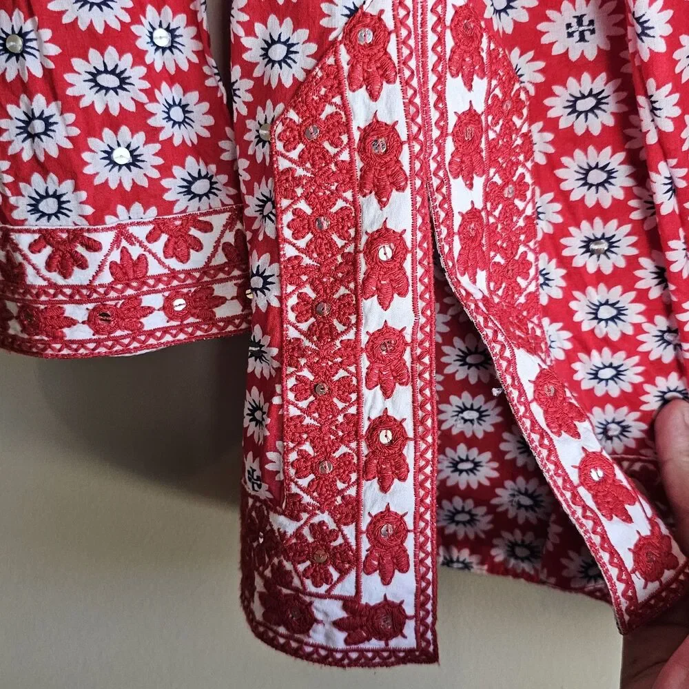 Tory Burch Jayne Nantucket Red Daisy Floral Embroidered Cotton Tunic Womens Sz 2